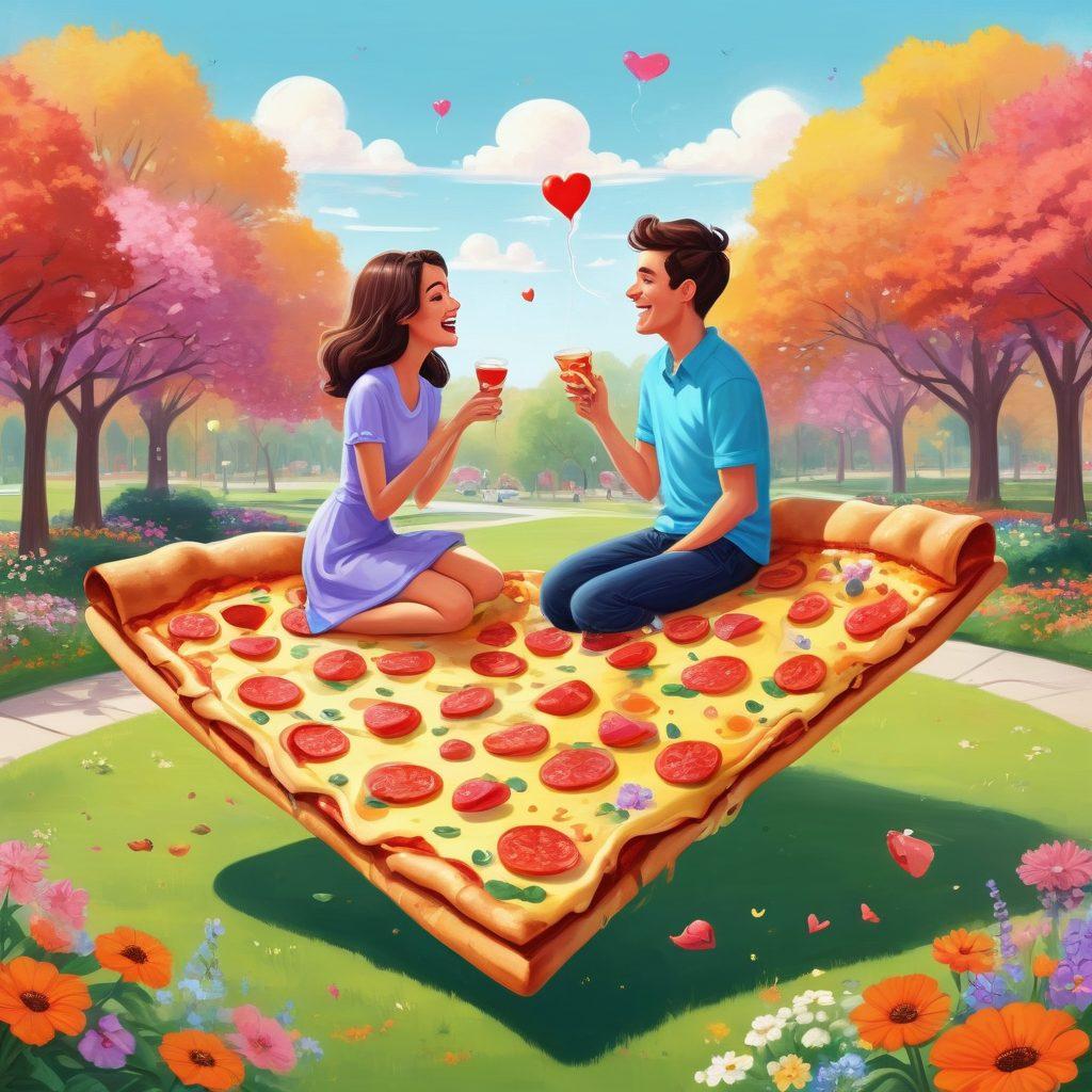 A whimsical illustration depicting a couple on a date, bursting into laughter while sharing a giant slice of pizza. Vibrant hearts float around them, symbolizing love and joy, while comical thought bubbles showcase their quirky thoughts. The background features a colorful park atmosphere with blooming flowers and playful animals. The couple should be dressed in fun, casual outfits. cartoon style. bright colors. cheerful vibe.
