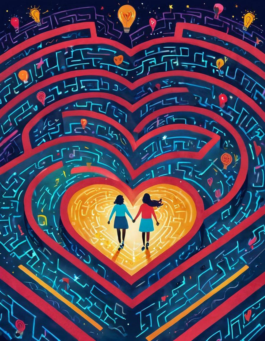 A whimsical illustration of a couple navigating a maze filled with relationship pitfalls like misunderstandings and communication barriers, while they hold hands and discover glowing love lessons along the way. The scene should be vibrant with a playful, cartoonish vibe, featuring heart symbols and lightbulbs to represent ideas. Bright colors and a lighthearted background to evoke positivity and hope. cartoon art. vibrant colors.