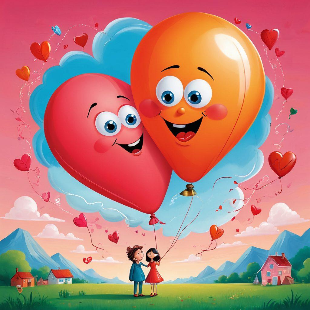 A whimsical scene depicting two cartoon characters comically entangled in a heart-shaped balloon, surrounded by various humorous love myths illustrated as quirky signs, like 'Love at First Sight' with exaggerated expressions. Bright colors, playful style, and a vibrant background with hearts and arrows floating around to enhance the comedic theme. cartoon style. vibrant colors.